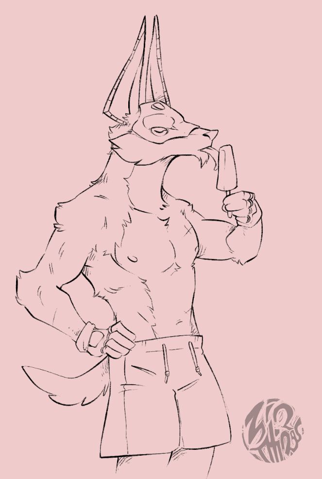 18)	A drawing of Sander from Dislyte. He’s pictured in just a pair of swim trunks and a pair of fingerless gloves, holding a popsicle in one hand. His eyes are closed, content, as he licks it. His torso is exposed, showing off his chest and midsection along with the various scars across his body.