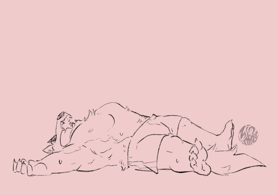 A drawing of Freddy from Dislyte laying on the floor, quite sprawled out. He is wearing a pair of boxers, shirtless, suffering from the heat of summer. His arms are splayed out, his tongue is lolling out of his mouth, but he still has his shades on. There are a number of sweat droplets across his body. Of course, he's still as bulky as usual - his chest is bigger than his head. He's a bit too warm to be a good pillow, I fear.