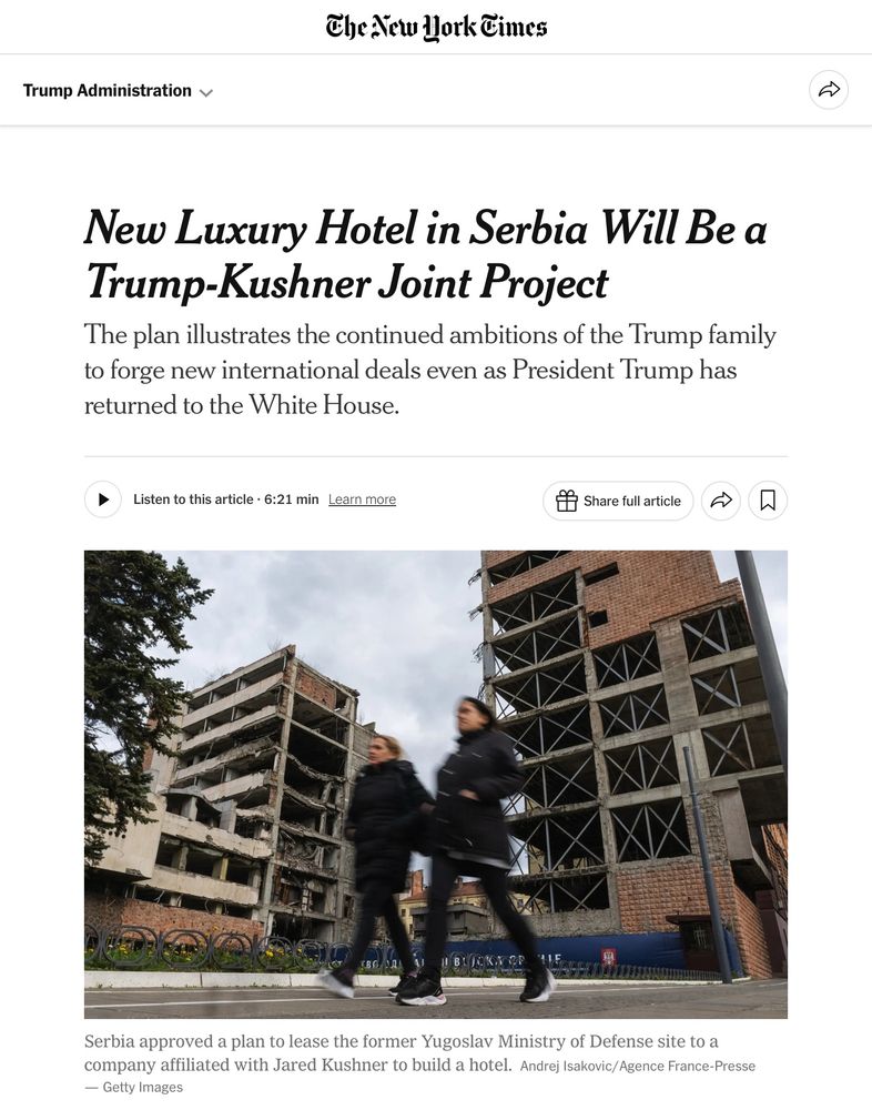 The New Work Times
Trump Administration
New Luxury Hotel in Serbia Will Be a Trump-Kushner Joint Project
The plan illustrates the continued ambitions of the Trump family to forge new international deals even as President Trump has returned to the White House.
