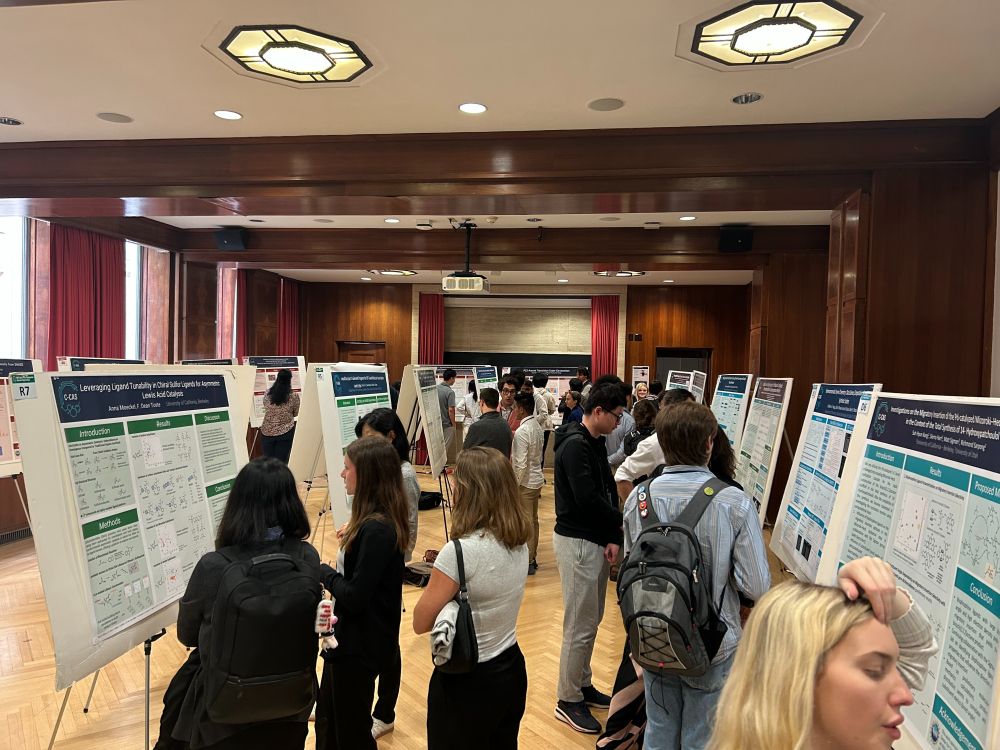 Image of students and postdocs presenting posters in a large group poster session