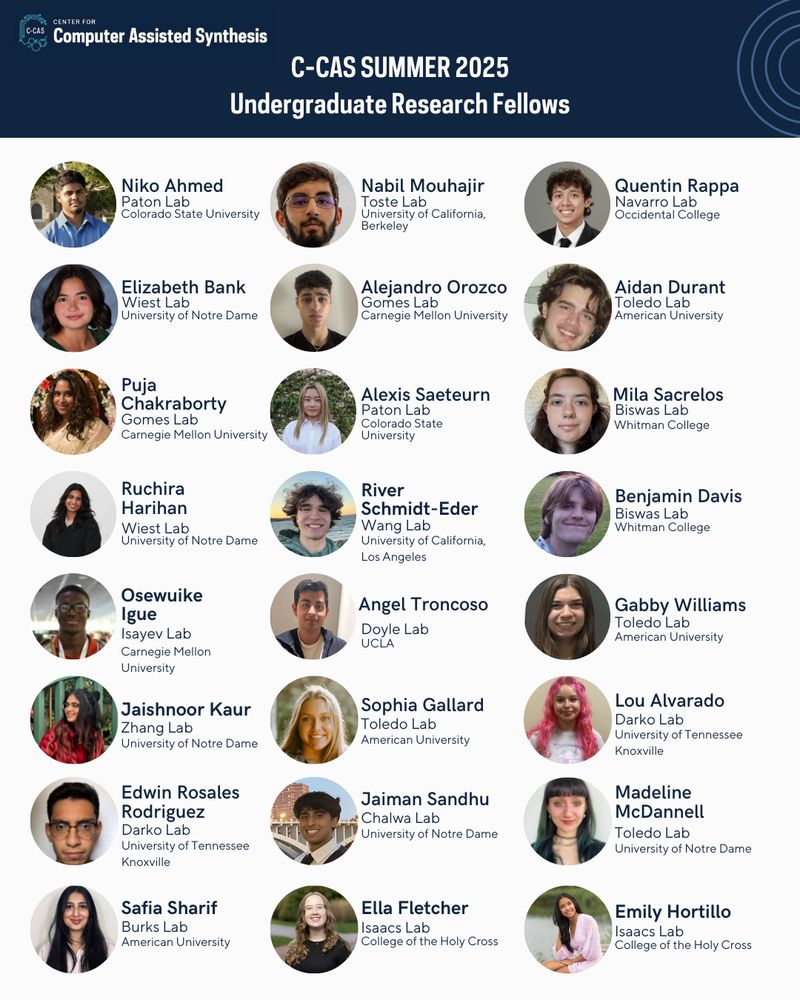 Headshots of 2025 SURF Cohort. 2025 SURF students include: 
Aneeq (Niko) Ahmed, Paton Lab, Colorado State University
Lou Alvarado, Darko Lab, University of Tennessee 
Elizabeth Bank, Wiest Lab, University of Notre Dame
Puja Chakraborty, Gomes Lab, Carnegie Mellon University
Benjamin Davis, Biswas Lab, Whitman College
Aidan Durant, Toledo Lab, American University
Ella Fletcher, Isaacs Lab, College of the Holy Cross
Sophia Gallard, Toledo Lab, American University
Ruchira Hariharan, Reisman Lab, CalTech
Felicia (Emily) Hortilllo, Isaacs Lab, College of the Holy Cross
Osewuike Igue, Isayev Lab, Carnegie Mellon University
Jaishnoor Kaur, Zhang Lab, University of Notre Dame
Madeline McDannell, Toledo Lab,  American University
Nabil Ibrahim Mouhajir, Toste Lab, UC Berkeley
Alejandro Orozco, Gomes Lab, Carnegie Mellon University
Quentin Rappa, Navarro Lab, Occidental College
Edwin Rosales Rodriguez, Darko Lab, University of Tennessee
Mila Sacarelos, Biswas Lab, Whitman College
Alexis Saeteurn, Paton Lab, Colorado State Univeristy
Jaiman Sandhu, Chawla Lab, University of Notre Dame
River Schmidt-Eder, Wang Lab, UCLA
Safia Sharif, Burks Lab, American University
Angel Troncoso, Doyle Lab, UCLA
Gabriella Williams, Toledo Lab, American University