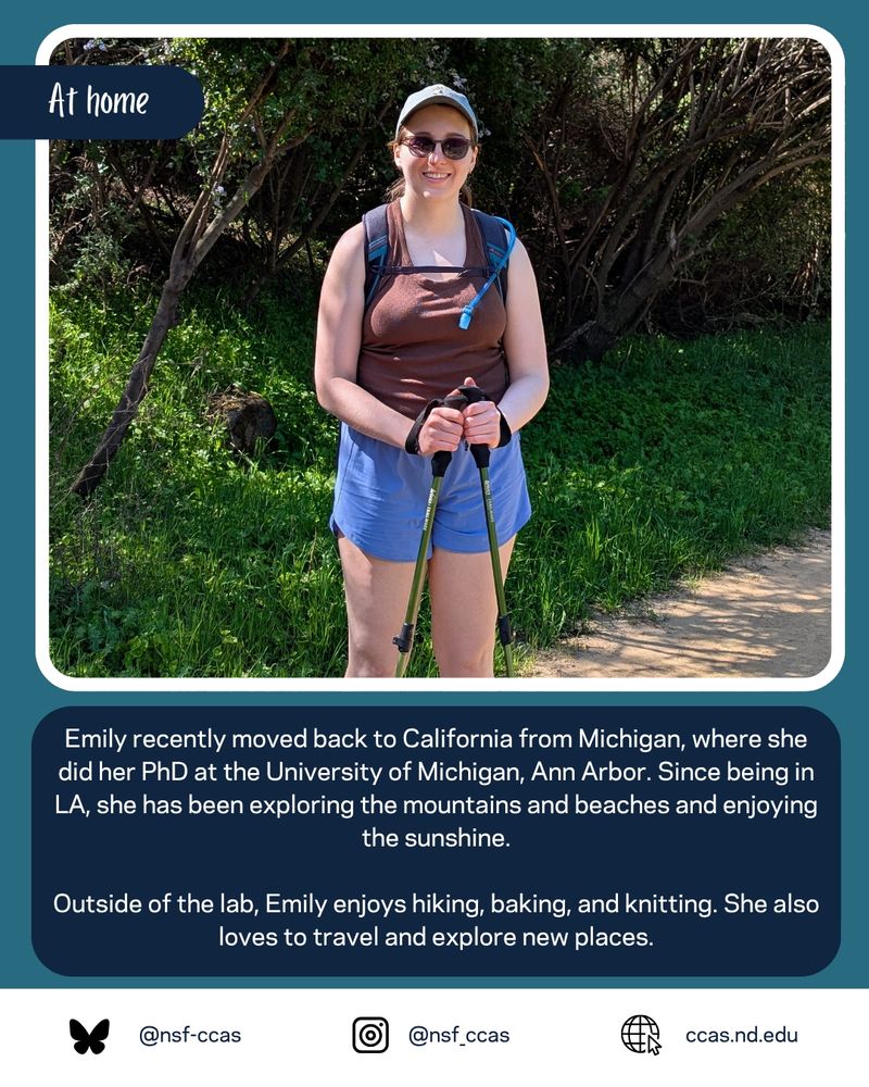 Picture of Emily on a hiking trail. Caption: Emily recently moved back to California from Michigan, where she did her PhD at the University of Michigan, Ann Arbor. Since being in LA, she has been exploring the mountains and beaches and enjoying the sunshine.  Outside of the lab, Emily enjoys hiking, baking, and knitting. She also loves to travel and explore new places.
