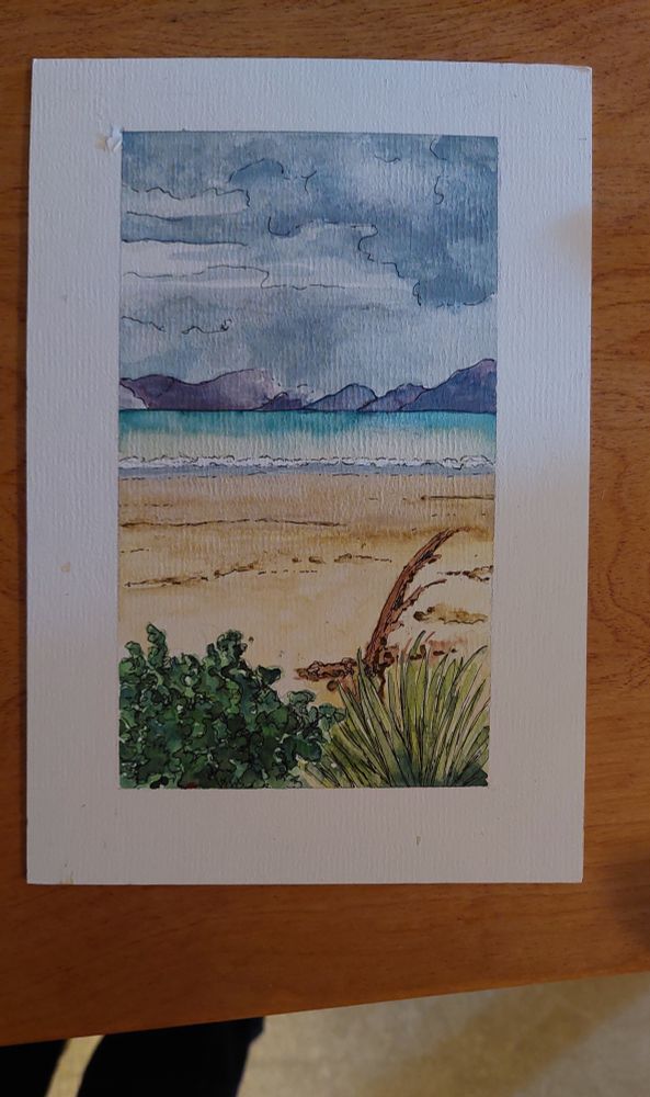 Water colour painting with plants, beach and sea in foreground and misty hills and stormy clouds on other side of Tasman Bay