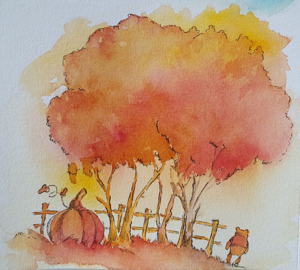 Pu der Bär Illustration mit Aquarell und Fineliner zu sehen sind Bäume ein Zaun Pu der Bär und ein Kürbis im Vordergrund.