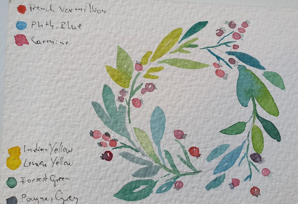 Aquarellkranz aus Blättern und Beeren im Loose Watercolor Stil im Sketchbook