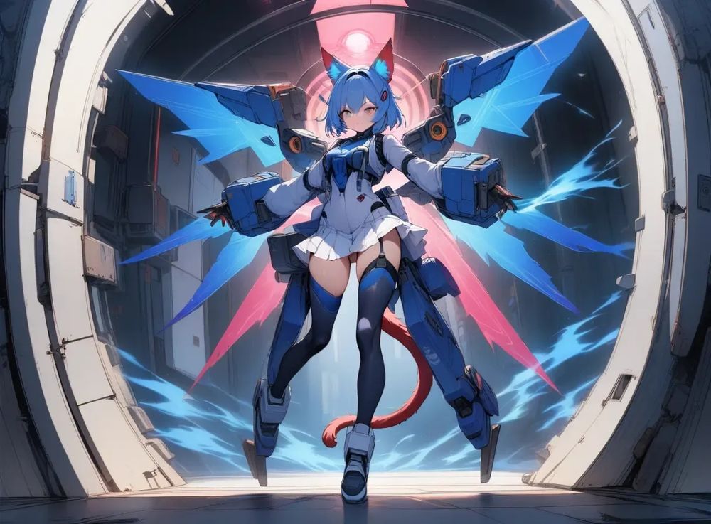 Fourth-dimensional pocket, secret gadget, and mechanical blue cat girl, 1 girl, (solo), white waist bag with fourth-dimensional pocket and fourth-dimensional aura, blue ears and red tail of mechanical blue cat, mechanical door distortion gate with secret gadget and time machine mecha wings, random secret gadget (weapon), blue combat suit and skirt, (full body)