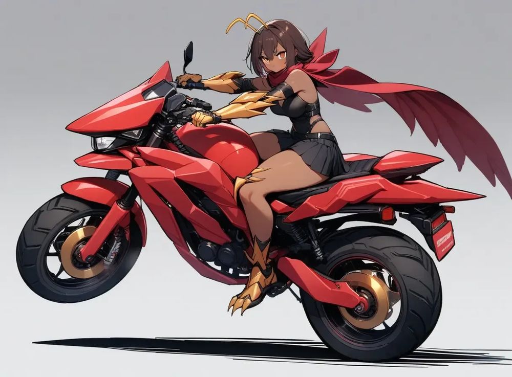 Kaijin Girl, 1 girl, (solo), dark skin, grasshopper red wing scarf and antennae, grasshopper sharp claw gauntlets and claw leg armor, protectors on both shoulders and wrists, thorn decorations, riding a monster bike, warrior race rider dress and skirt, (full body)