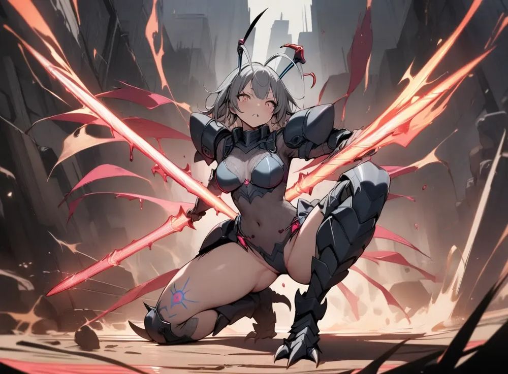 Kaijin Girl, 1 girl, (solo), long gray shrimp antennae and compound eye-like devices and shoulder armor, gray shrimp shell crab gauntlets and sharp claw leg armor and flexible armor, fencing saber, angel regeneration energy cocktail, angel regeneration tattoo, mesh shirt, shell combat suit and armored skirt, (full body)