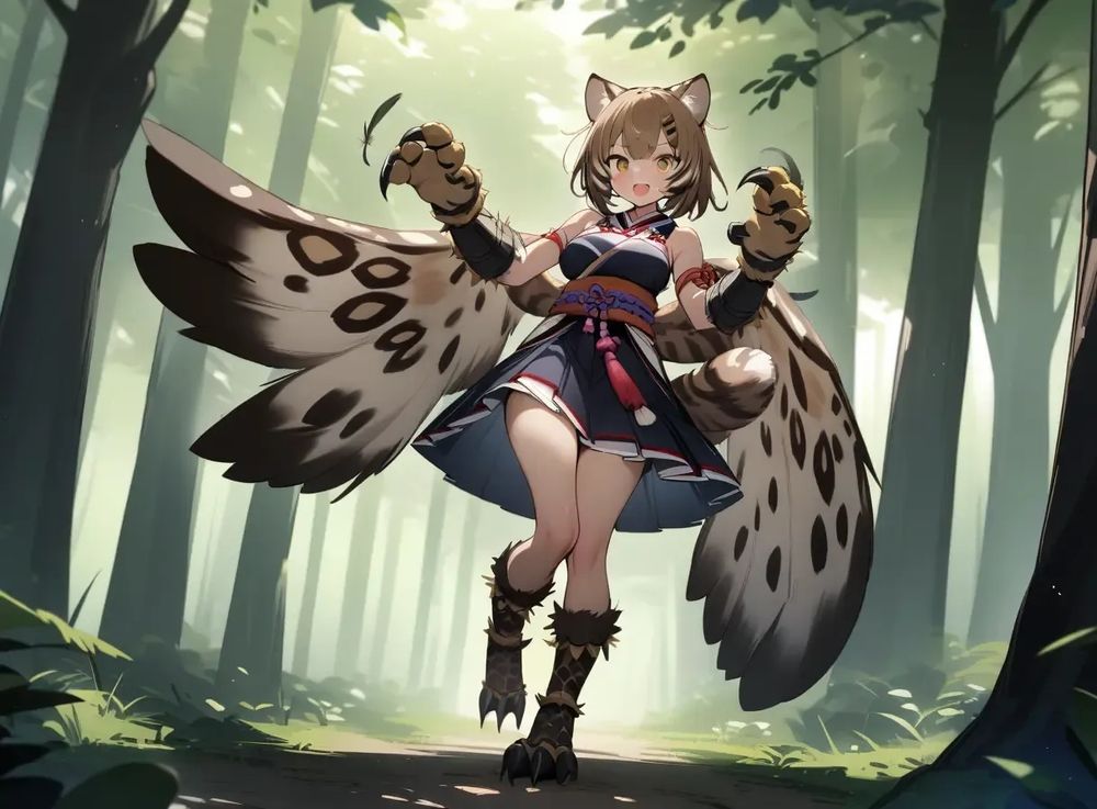 Tsushima leopard cat and spotted owl girl, 1 girl, Tsushima leopard cat ears, tail and claw arm covers, Spotted owl wings, tail feathers and claw boots, Wildcat claw gauntlet (weapon), Japanese ethnic skirt costume, (full body), in the forest