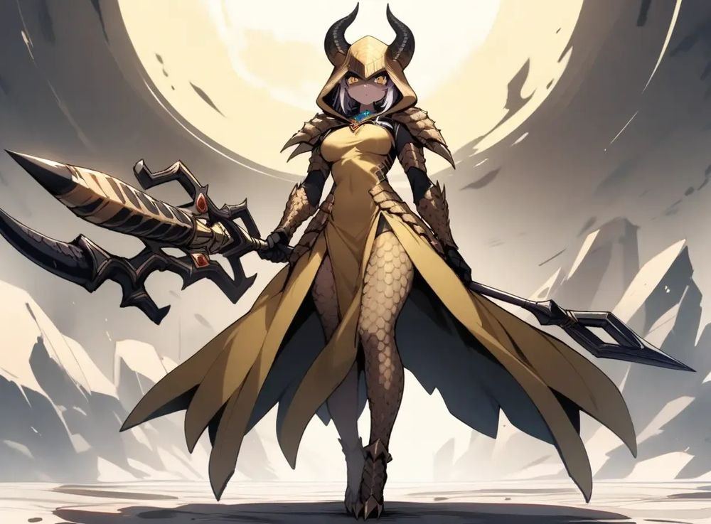 Kaijin Girl, 1 girl, (solo), cobra hood decoration, yellow compound eye jewel, horn protrusions, cobra venomous tail, scaly armor, smooth skin, sacred atmosphere, sharp claw gauntlets, unclear patterns, staff of judgment (weapon), unknown Egyptian dress and skirt, (full body)