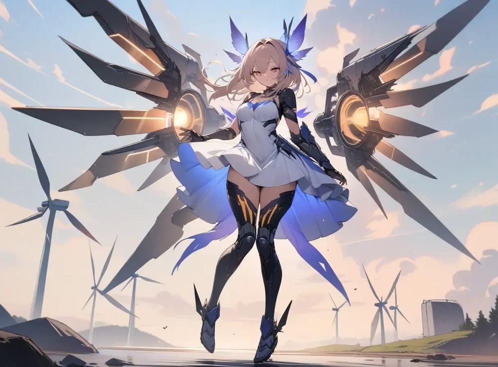 Wind Turbine, Sylph and Thunderbird Girl, 1 girl, (solo), Wind Turbine Mechanical Propeller Blades and Generator Mechanical Leg Armor, Sylph Wing Ribbon and Wind Aura, Thunderbird Lightning Feathers, Large Wings and Claw Gauntlets, Propeller Circular Saw (Weapon), Fairy Dress and Skirt, (Full Body)