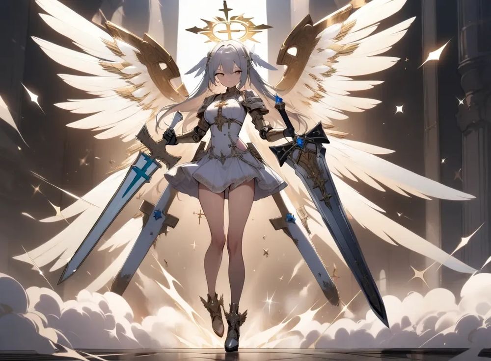 Cross, Saint, and Valkyrie Girl, 1 girl, (solo), cross halo, mechanical angel wings, and waist accessories, Saint's prayer, holy sparkle, and shield barrier aura, Valkyrie feather hair accessory, armored arms and legs, Valkyrie sword (weapon), Saint dress and skirt, (full body)