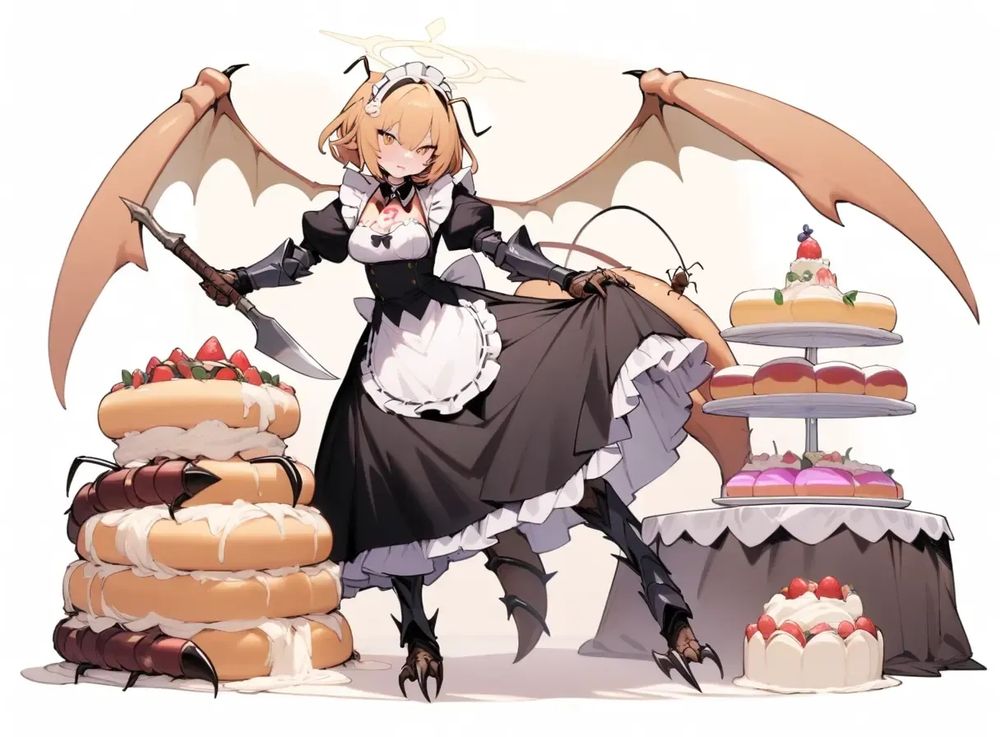 Roll cake and ant girl, 1 girl, (solo), roll cake sweets table, roll cake with cream halo and cream tattoo, ant's long antennae, tail and large wings, ant's sharp claw gauntlets and claw leg armor, knife fork (weapon), ant maid dress and maid skirt, (full body)