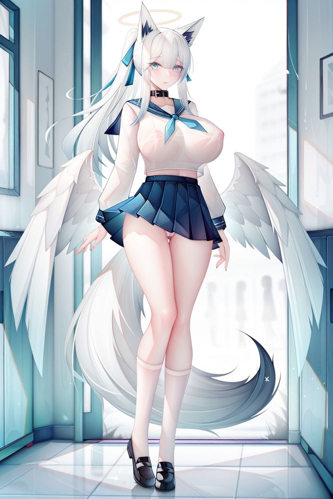 (binggong asylum:1.1025),very awa,newest,delicate shadows Girl, big white fox ears and tail, light blue eyes, angel hoop and halo, angel wings, big collar, white long hair in ponytail, big breasts, slim body, school uniform miniskirt, (full body)