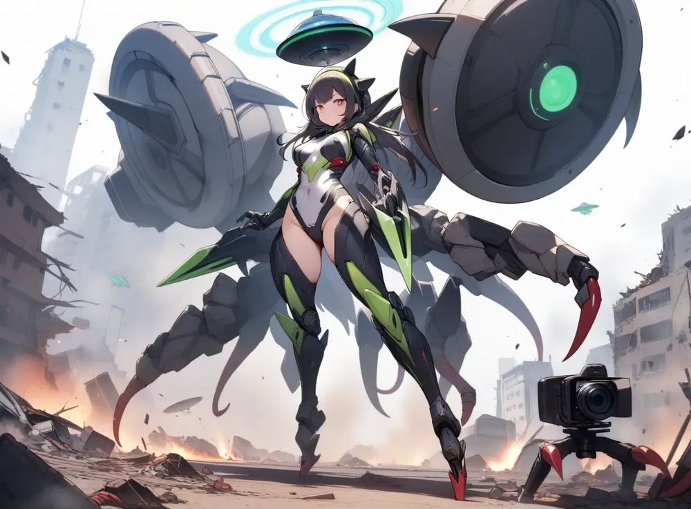 TV camera, UFO and alien girl, 1 girl, (solo), destruction, TV camera drone, UFO mechanical saucer hat and mechanical claws, wings, alien long sharp claws, mechanical arms and large sharp claws, mechanical legs and numerous bladed tentacles, UFO energy cannon (weapon), alien battle suit, (full body)