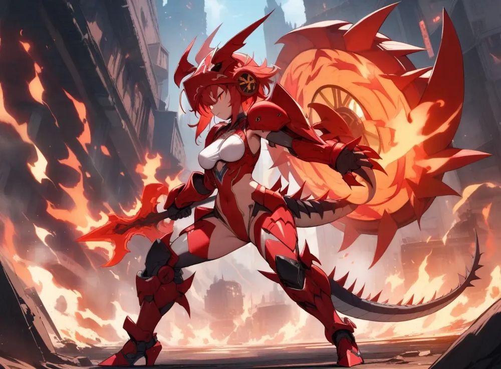 Kaijin Girl, 1 girl, (solo), Mirror World, Survive - Blazing Flame, red mechanical dragon shield helmet with sharp antennae-type feelers and front drag wheel armor, red mechanical dragon with large sharp claws, gauntlets with sharp claws, mechanical leg armor and rear wheel, dragon tail with bladed tail fin, flame aura, dragon mechanical battle suit, (full body)