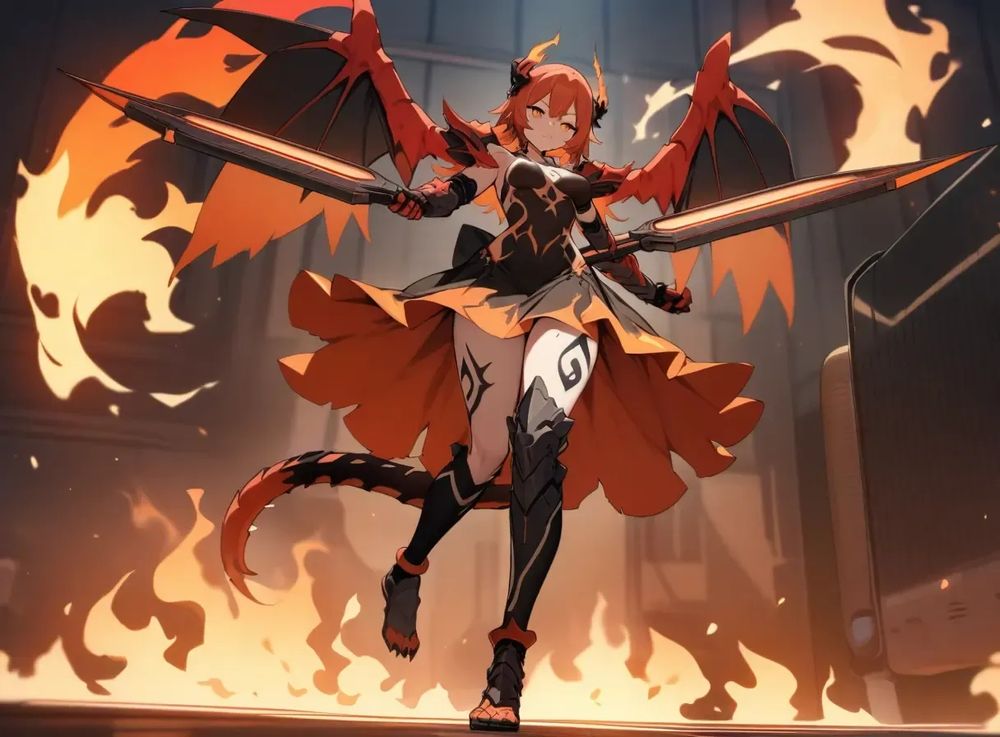 Heater, Salamander and Ifrit Girl, 1 girl, (solo), Heater's mechanical leg armor and mechanical hot air propeller wings, Salamander's flame claw gauntlets and long scale tail, Ifrit's spirit body paint, flame skin and anklet, flame chakram (weapon), spirit dress and skirt, (full body)