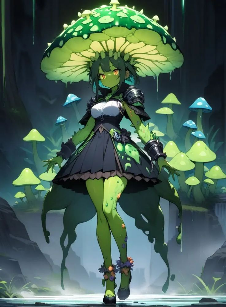 Kaijin Girl, 1 girl, (solo), poisonous mushroom umbrella and shoulder armor, poisonous mushroom gauntlet arms and fungal leg anklets, plant skin, poisonous spore mist, regeneration ability and clone ability, warrior tribe dress and skirt, (full body)