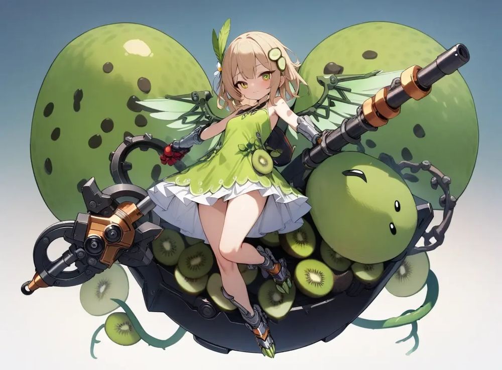 Kiwi fruit and kiwi girl, 1 girl, (solo), kiwi fruit slice hair accessory, flower ribbon, and long vines, kiwi feather wings, feather tail, mechanical claw leg armor, kiwi fruit chain iron ball (weapon), kiwi dress and skirt, (full body)