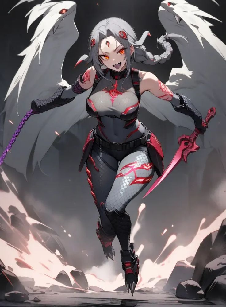 Kaijin Girl, 1 girl, (solo), Gray Snake Venomous Fangs and Sharp Claws, Snake Scale Gauntlets and Snake Scale Leg Armor, Gray Snake Scale Exoskeleton Protector, Braided Chain Sickle and Snake Eye Hair Ornament and Forehead Jewel, Circular Poison Blade Dagger, Angel Regeneration Tattoo, Mesh Shirt, Rock Singer Combat Suit, (Full Body)