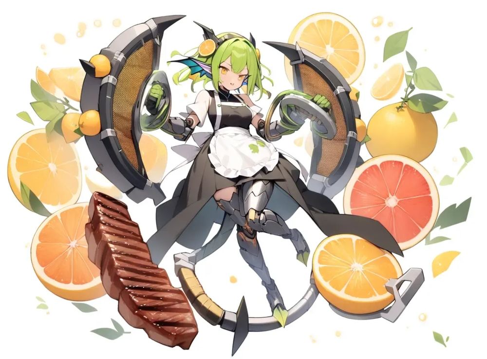 Grilled Meat, Char, and Citrus Girl, 1 girl, (solo), Grilled Meat Mechanical Grill with Sharp Claw Arms and Mechanical Net Legs, Large Iwana Fins, Wings, Tail Fins, and Scales, Citrus Hair Ornament and Sliced ​​Fruit Accessory, Citrus Sliced ​​Fruit Chakram (Weapon), Apron, Iwana Dress and Skirt, (Full Body)