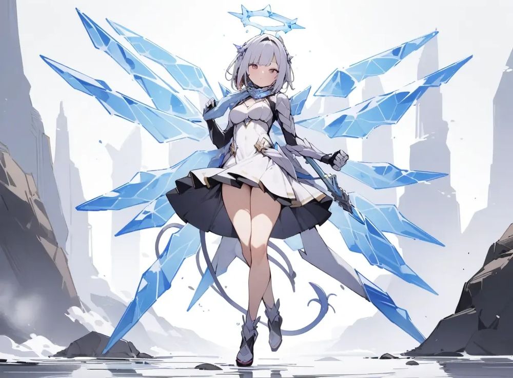 Clione and Shargyel Girl, 1 girl, (solo), Clione's fin legs, fin wings, and buccal cone tail tentacles, Shargyel's ice halo, ice wings, and ice arm armor, Clione fin dual swords (weapon), angel dress and skirt, (full body)