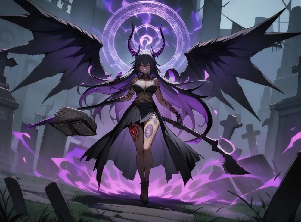 Grimoire, Banshee, and Lich Girl, 1 girl, (solo), graveyard, Grimoire's large book and tentacle magic circle, Banshee's human spirit and large wings and large sharp claws, Lich's tattoo, spiritual aura, and tribal body paint, scythe (weapon), semi-transparent mesh dress and skirt, (full body)