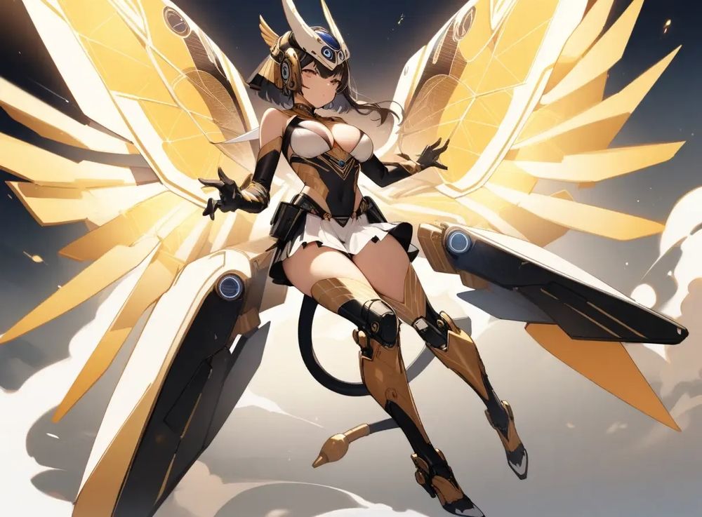 Sun God Ra and Solar Power Girl, 1 girl, (solo), Sun God's sun and solar aura, Sun God Ra's falcon mechanical helmet, wings and tail, solar powered solar panel mechanical wings and battery mechanical legs, solar panel energy cannon (weapon), Egyptian God Armor costume skirt, (full body)