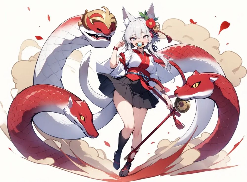 New Year's deity, Year of the Snake, and white fox girl, 1 girl, (solo), pacifier, nembutsu prayer, nembutsu aura, New Year's deity's sun and moon crown and kagami mochi, Year of the Snake's snake tail, sacred rope and scales, white fox ears and tail, sacred mirror (weapon), semi-formal dress and skirt, (full body)