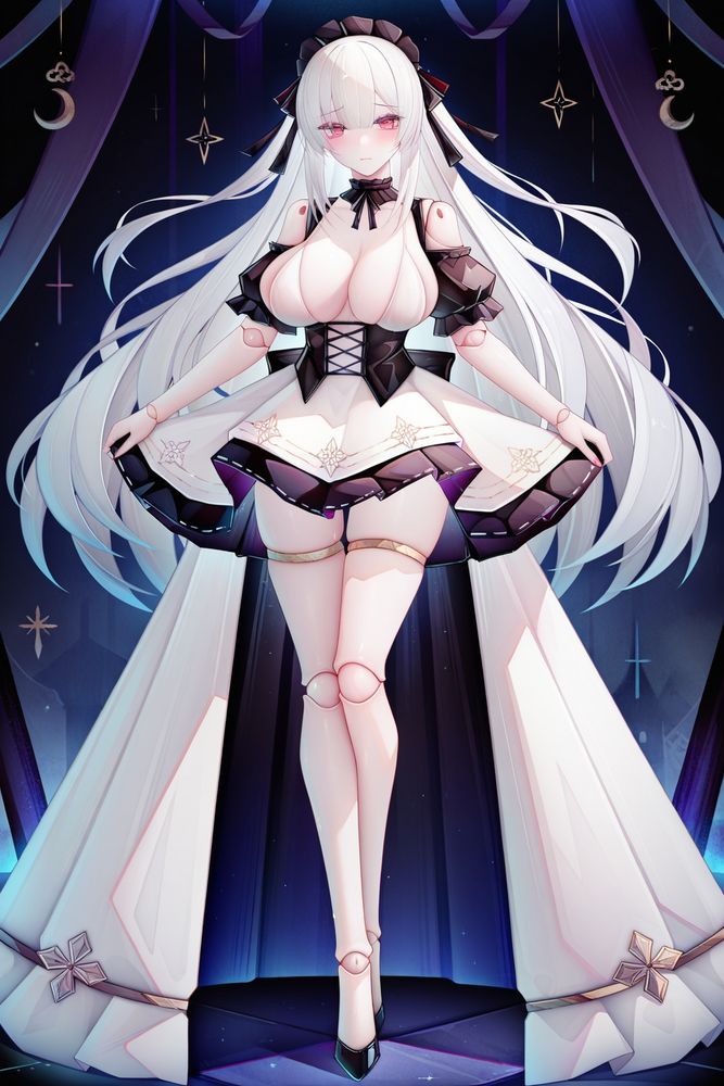 (binggong asylum:1.1025),very awa,newest,delicate shadows Girl, white super long hair, red eyes, marionette skin, doll joints, big breasts, slim body, big hair ribbon, doll dress, doll skirt, (full body)