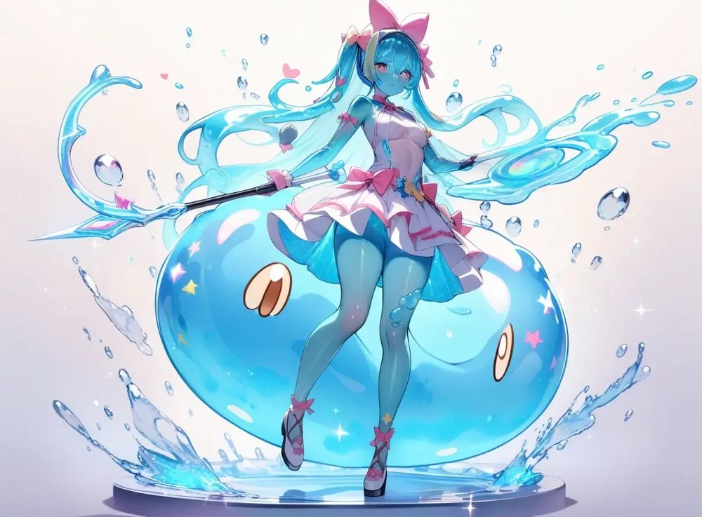 Slime Girl, 1 girl, (solo), slime translucent skin and glitter, water magic, microphone magic wand (weapon), slime idol dress and skirt, (full body)