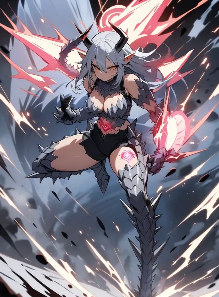 Kaijin Girl, 1 girl, (solo), Gray Dragon special form long horns, sharp spiny shoulders, sharp claws, spiny gauntlets, Gray Dragon special form sharp claws, spiny leg scale armor, scale spines, horn glands, supersonic aura, angel regeneration tattoo, mesh shirt, sharp spine combat suit, sharp spine shorts, (full body)