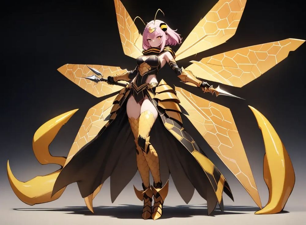 Kaijin Girl, 1 girl, (solo), bee compound eye jewel hair ornament, sharp antennae and lucid wings, bee wing scarf, sharp large claw gauntlets and sharp claw leg armor, bee goddess secret pattern, bee handle, purgatory needle rapier type (weapon), queen armor dress and armor skirt, (full body)