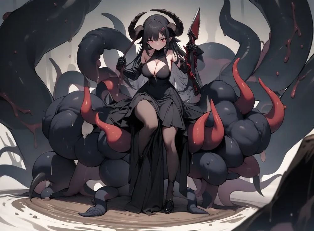 Clay, Stakes, and Shub-Niggurath Girl, 1 girl, (solo), large clay cube and jet-black tentacles, large stake claws and hairpins, Shub-Niggurath goat horns and many jet-black, ultra-thin tentacle claws, mechanical stake chainsaw gauntlets (weapon), clay jet-black dress and skirt, (full body)