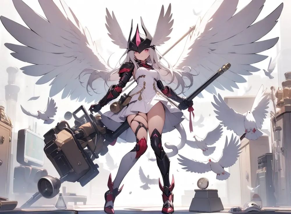 Scientific Tools, White Dove, and Hermes Trismegistus Girl, 1 girl, (solo), lots of scientific tools and mechanical arm armor, large feathered wings and tail of a white dove, Hermes Trismegistus's crested ibis helmet, snake-entangled staff, and winged mechanical leg armor, scientific tool Gatling gun (weapon), white coat, winged dress and skirt, (full body)