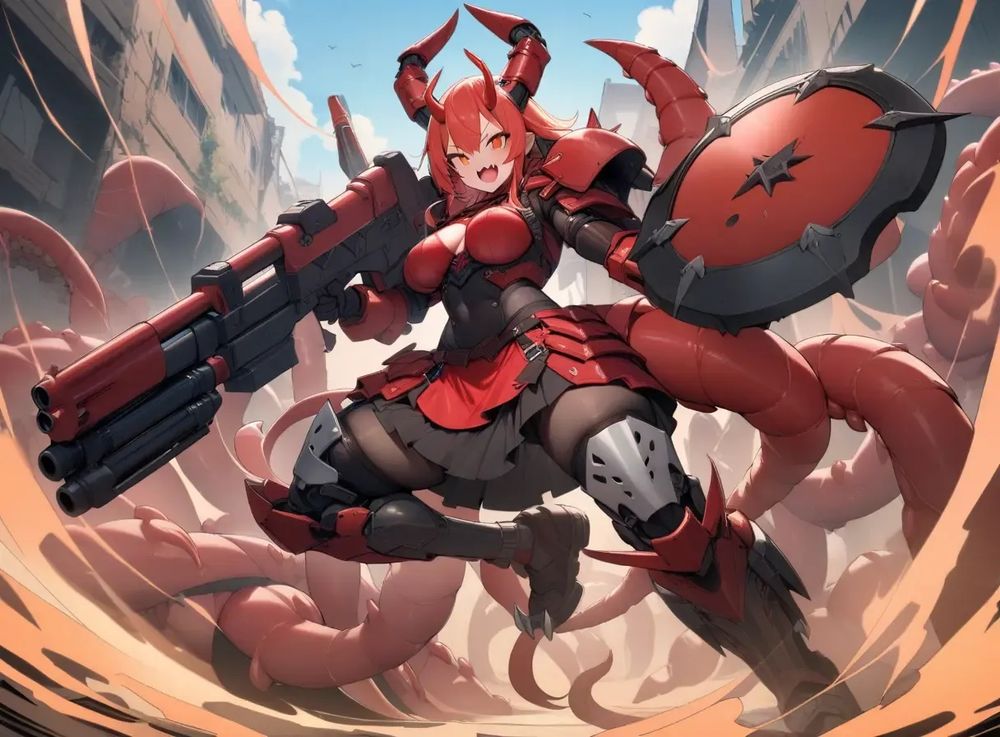 Shield, Oni-Isome and Semi-Shrimp Girl, 1 girl, Oni-Isome's 5 antennae and long tail, Oni-Isome's fanged tentacles, Semi-Shrimp's shield mechanical scissors and 10 mechanical leg claws (armor weapon), Semi-Shrimp's large shield shotgun (weapon), Mechanical Heavy Warrior skirt costume, (full body)