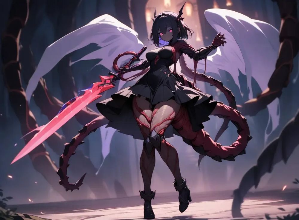 Veins and ghost girl, 1 girl, (solo), long vascular mechanical tentacles and mechanical tail tentacles and wings, ghostly sharp claw gauntlets and spiritual aura and translucence, large needle saber (weapon), ghostly dress and skirt, (full body)