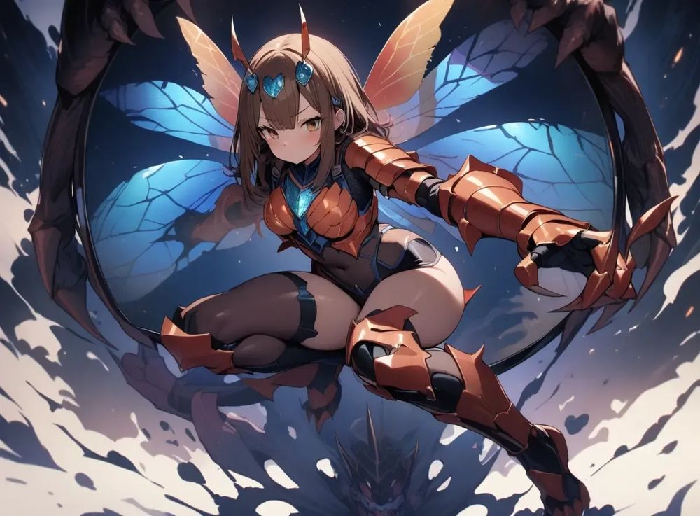 Kaijin Girl, 1 girl, (solo), Mirror World, metallic brown cicada compound eye hair ornament, giant claw gauntlets, sharp clawed leg armor, cicada proboscis, mesh wings, and shoulder wings, hypnotic ultrasound, rapier, semi-mechanical combat suit, (full body)