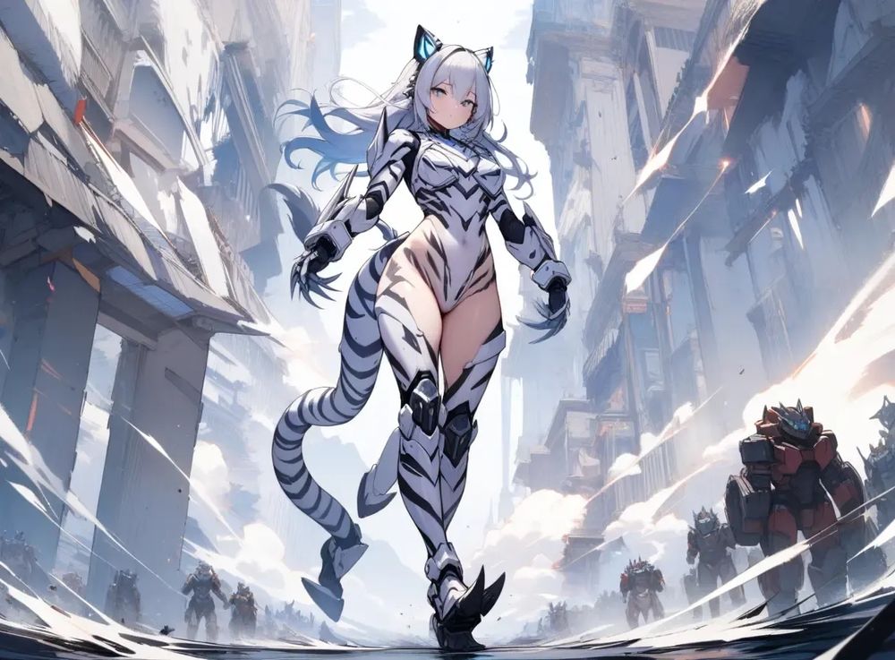 Kaijin Girl, 1 girl, (solo), Mirror World, Mechanical White Tiger's sharp diamond claw gauntlets and mechanical tiger ears and slim body muscle armor, Mechanical White Tiger's armor claw leg armor and tail, exoskeleton protector, white blue white tiger pattern, White Tiger Mechanical Battle Suit, (full body)