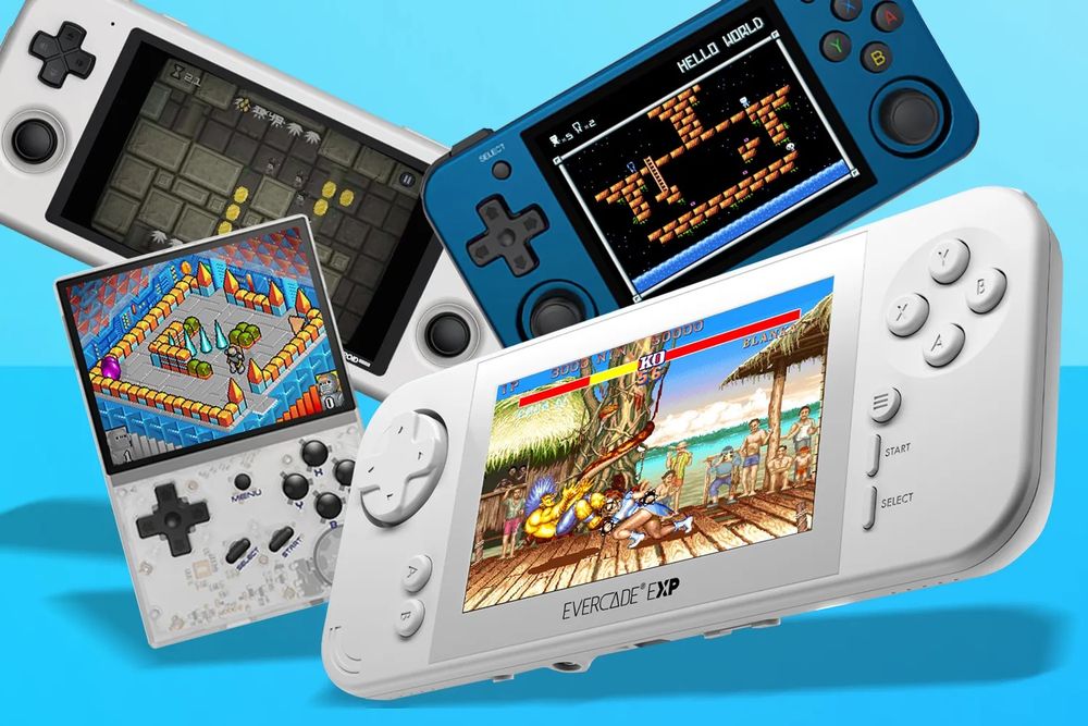 4 different retro-emulation handheld, all with a d-pad and 4 face buttons