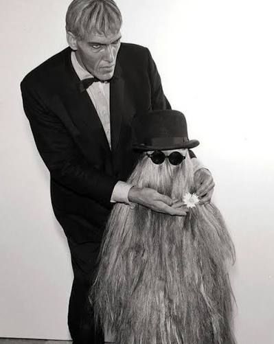 Cousin it in his signature shades and top hat having a flower placed on him by Lurch. 