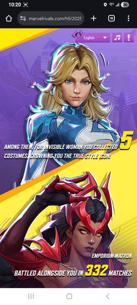 Invisible Woman costumes collected: 5
Emporium Matrion Scarlett Witch skin battled alongside me in 332 matches.