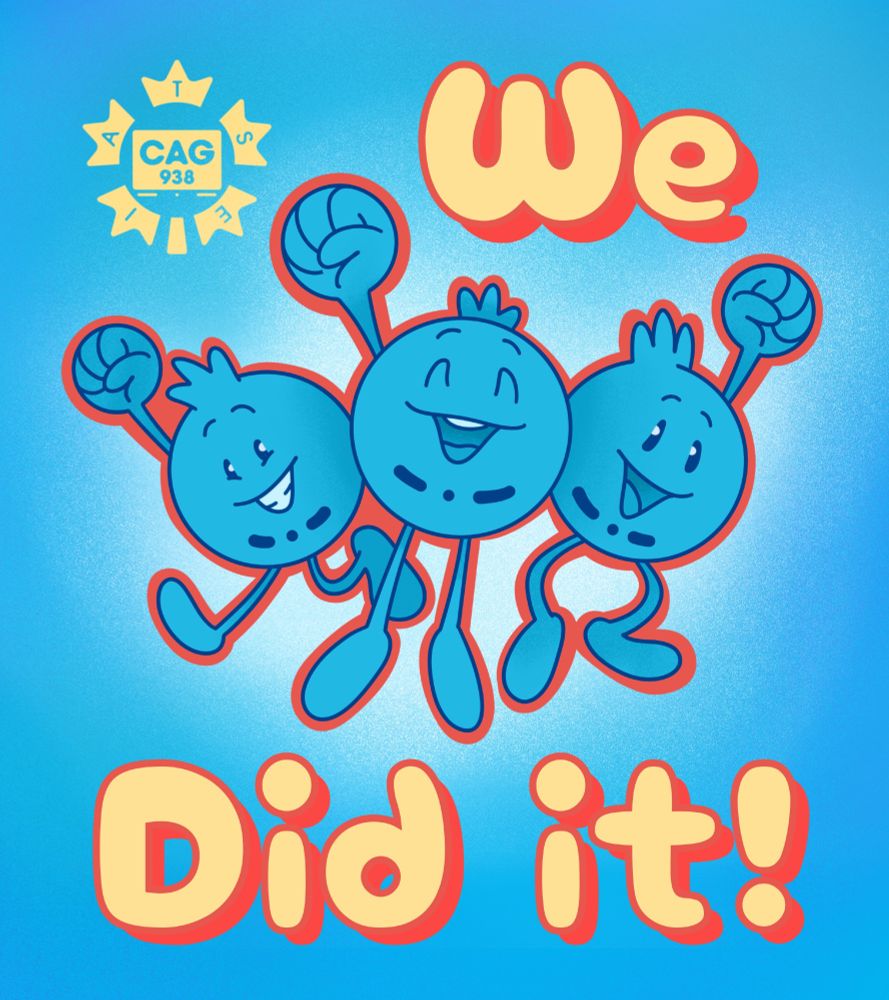 Three blue cartoon characters are smiling and riasing fists on a blue background. The text reads "WE DID IT!"