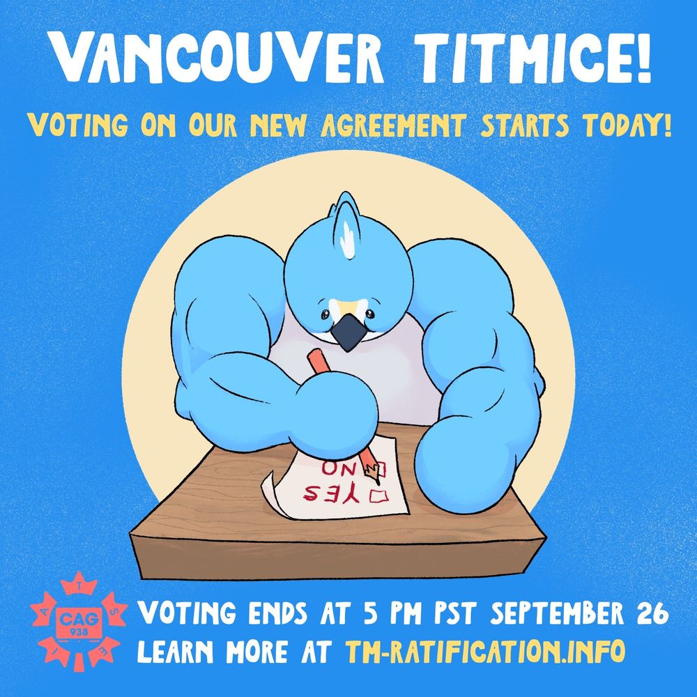 A cartoon drawn blue bird with white and yellow markings and very buff muscular arms is stting at a table holding a pencil. On the table is a peice of paper that says "Yes / No". The text above and below the bird reads "Vancouver Titmice! Voting on our new agreement starts today! Voting ends at 5 PM PST September 26. Learn more at tm-ratification.info" 