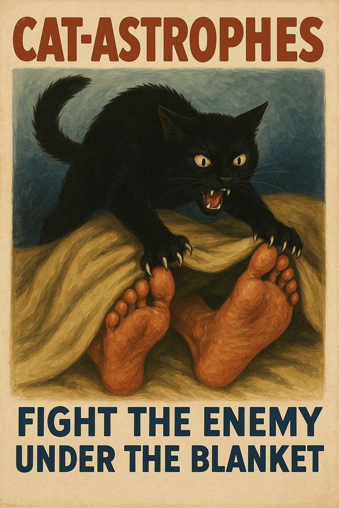 A black cat fighting the enemy under the blanket 