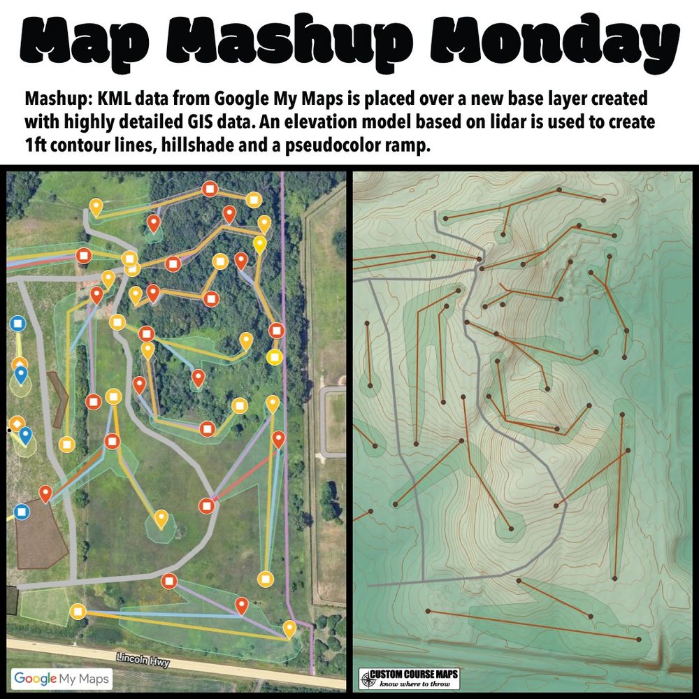Side by side images of part of a disc golf course. I was sent this disc golf course mockup by a designer wanting a cost estimate for signage. My first step is to look at the elevation of the property. KML data imports easily into GIS software making a mashup like this rather simple. 