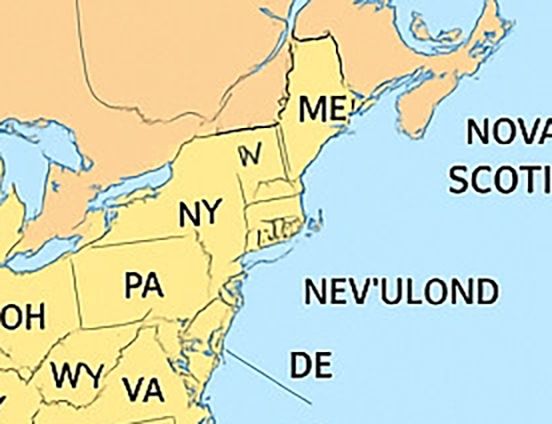 Detailed view of the New England portion of the ChapGPT map, which is the wrongest portion of the whole map. The area where NH, VT, MA, RI, and CT should be is a mess of pixels. Also missing: NJ and MD. There's a callout for Delaware, pointing at a vague blob next to NY and PA.