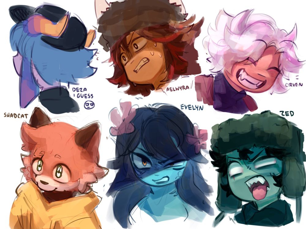 (from left to right, top to bottom)
DEZA (me), Aelwyra (no socials), @orvengore, @shadcatbloxz, @creatureevelyn, @de4dgrunt