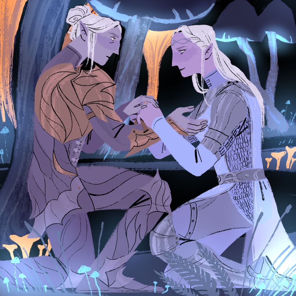 Two drow women knelt in front of one another, the one on the right (baldur's gate 3 Tav) is helping the other with putting on her Drow armor. Background of giant glowing mushrooms and herbs and black void of Underdark. 