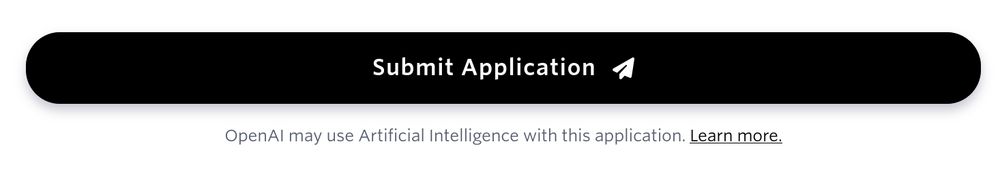 Under a job application submit button for OpenAI, a disclaimer says AI might be used to evaluate the job application.
